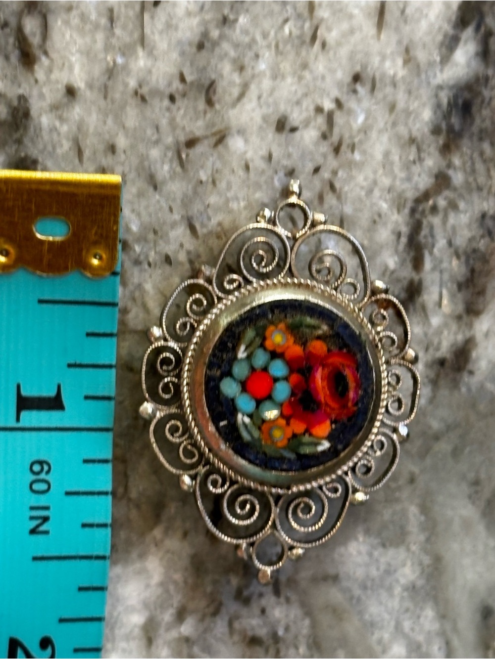Vintage Italian Micro Mosaic Floral Brooch Pin | Silver Tone Filigree Frame - Picture 4 of 4